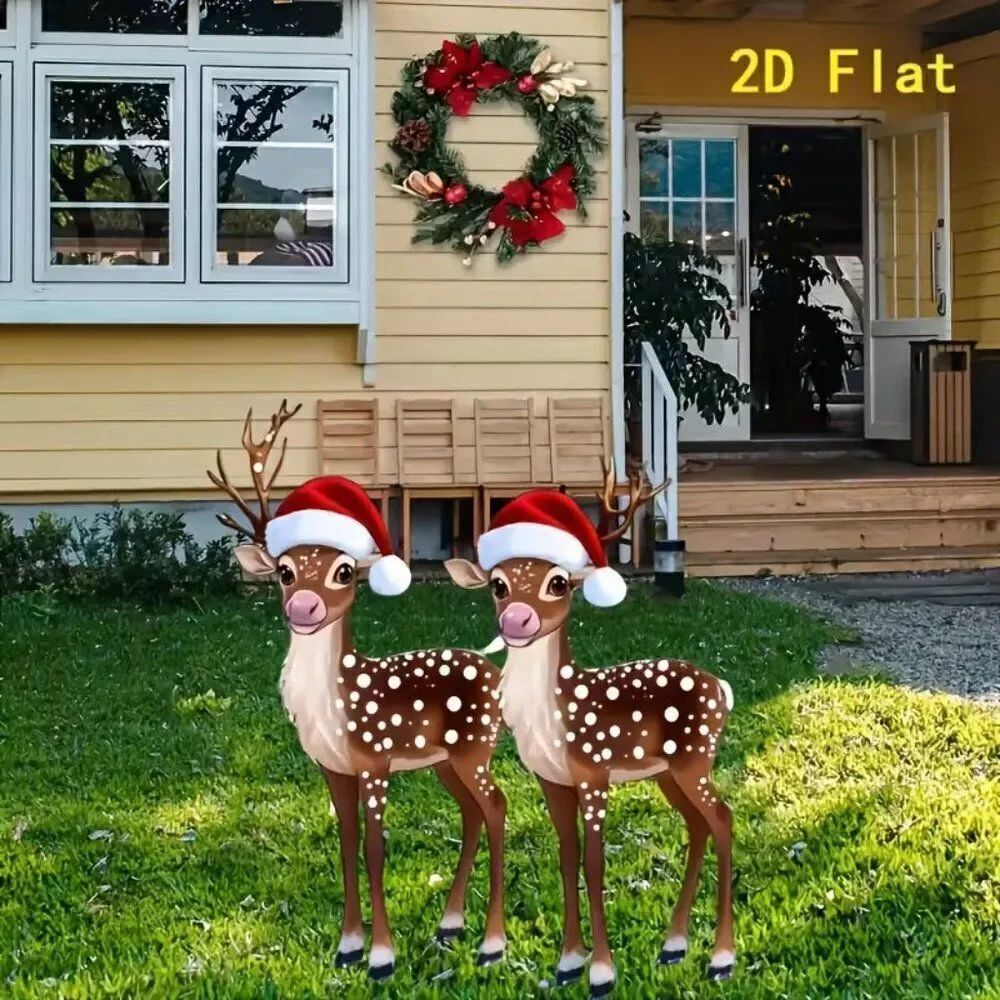 2D Festive Holiday Christmas Baby Deer in Santa Hats Garden Outdoor Stake